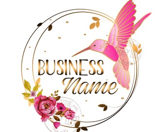 Hummingbird logo, fashion boutique logo, hovering hummingbird round flowers gold pink logo, nature wildlife bird logo, branding package
