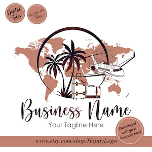 May include: A logo design featuring a world map in a brown tone, palm trees, a plane, and luggage. The words "Business Name" and "Your Tagline Here" are displayed in elegant script. The design includes the text "Digital Files" and "PNG, PDF, JPG Files".