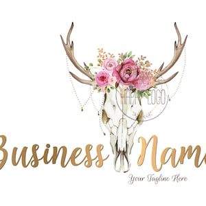 Deer skull horns logo design, gothic shop logo, boutique logo, skull flowers logo, stag deer logo, wild organic logo, vector branding pack