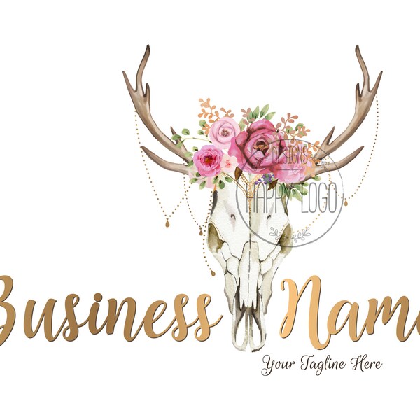 Hirschschädel-Hörner-Logo-Design, Gothic-Shop-Logo, Boutique-Logo, Totenkopf-Blumen-Logo, Hirsch-Hirsch-Logo, wildes Bio-Logo, Vektor-Branding-Paket