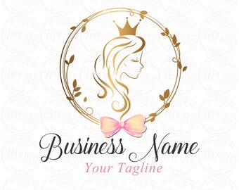 Hair Crown Beauty logo, hairstylist logo, beauty gold girl long hair, Crown Lady bow beauty logo gold, queen logo gold, logo hair saloon