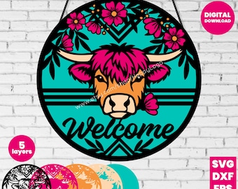 Highland Cow Welcome SVG | Floral Door Hanger SVG | Layered Laser Cut File | Cricut CNC Digital Download