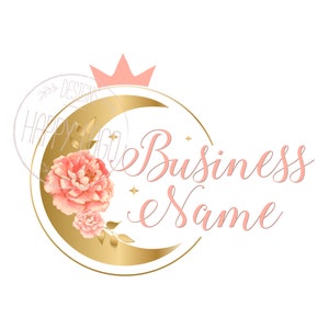 Moon flowers logo design, crown flowers moon pink gold logo, boutique logo, fashion logo, beauty logo, feminine logo, branding identity