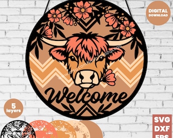 Highland Cow Floral SVG, Welcome Door Hanger Sign Layered file, Round Laser Cut Digital