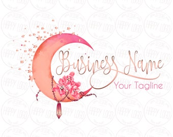 Moon pink flowers crystal logo, watercolor pink moon stars logo, jewelry moon business logo, graphic design moon, vector branding identity