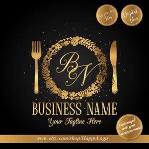 Peut inclure: Logo doré sur fond noir, avec une couronne florale et les lettres "BN", une fourchette et un couteau, et les mots "BUSINESS NAME" et "Your Tagline Here". Fichiers numériques inclus.