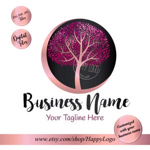 May include: A logo design featuring a stylized tree with pink leaves and branches inside a black circle, framed by a rose gold border. The design includes the text "Business Name" and "Your Tagline Here."