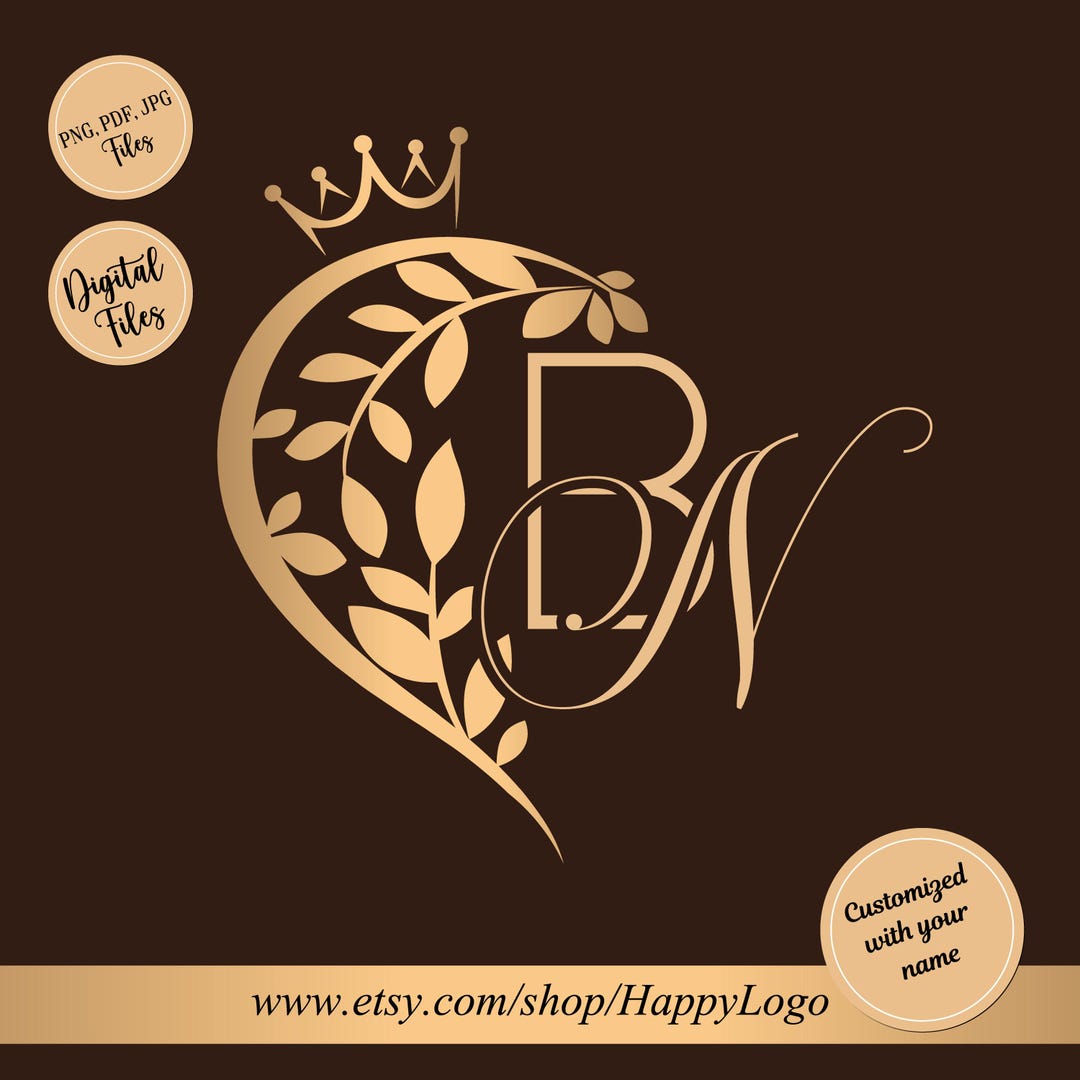 Wedding Monogram Logo, Floral Heart Gold Crest Initials Design (digital ...