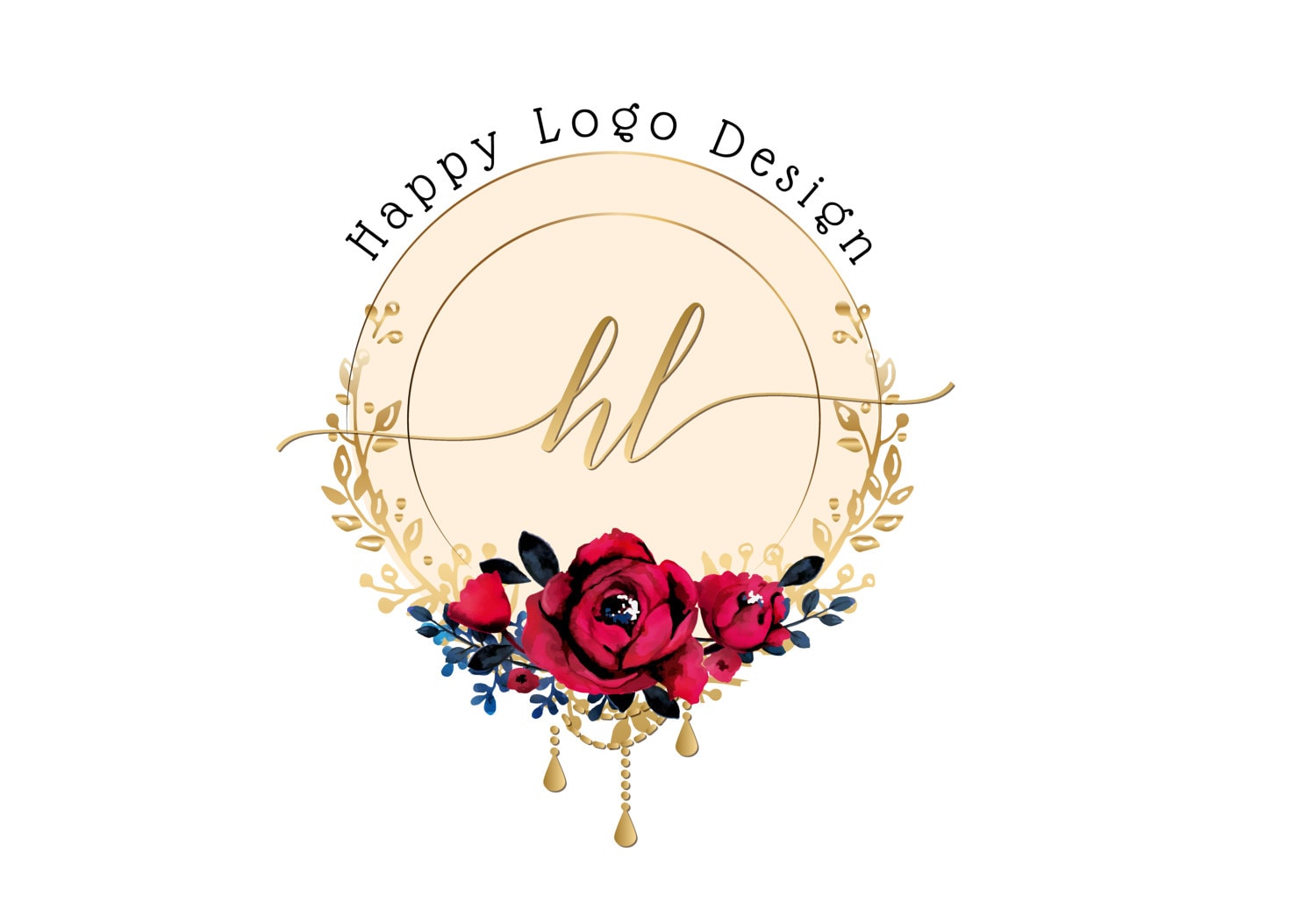 Digital Flowers Gold Circle Logo Design Red Roses Flowers Etsy