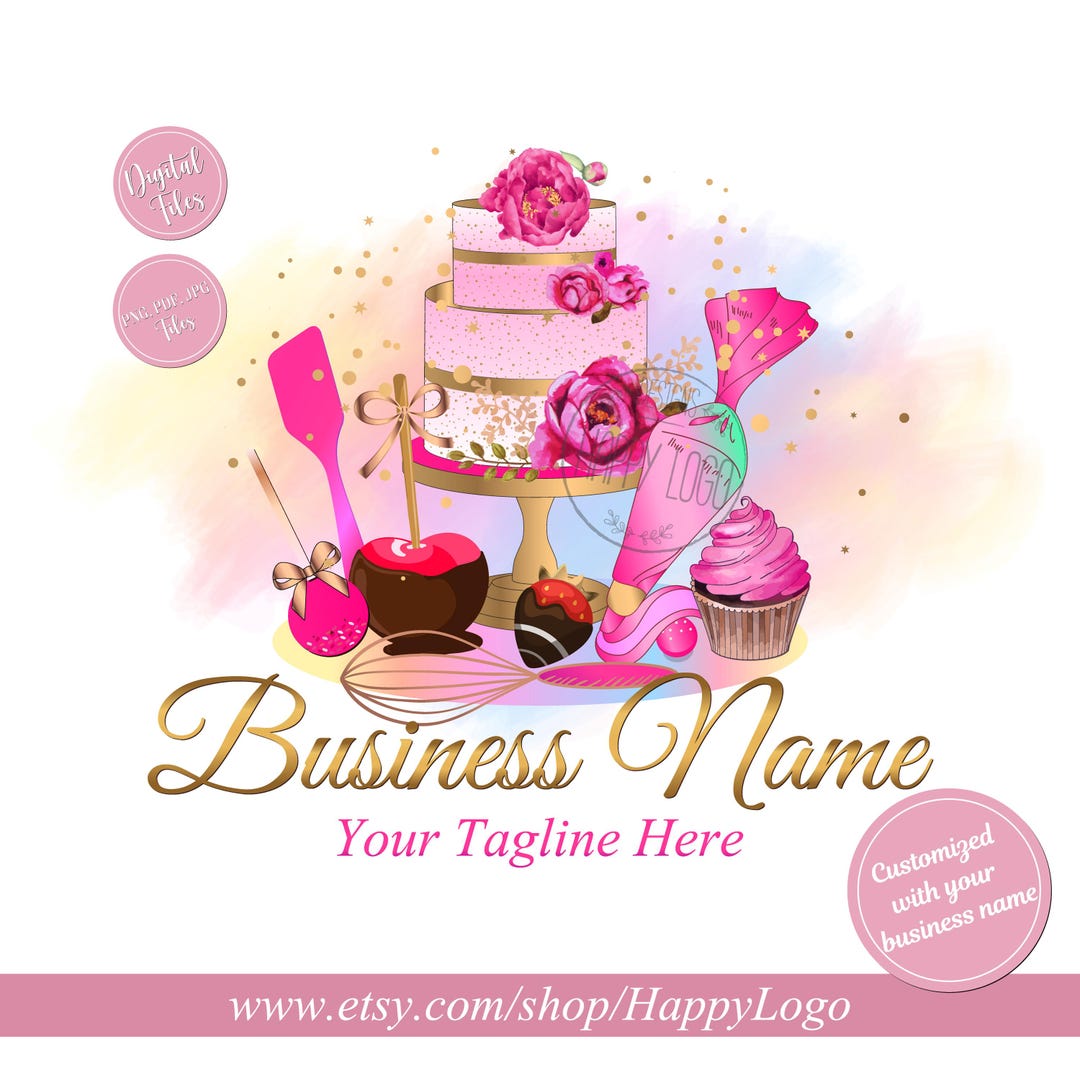 pink watercolour bakery logo | etsy | cake logo... Watercolor Bakery Logo Design: Colorful Cake and Cupcake (digital Files ...