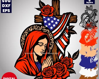 Virgin Mary Patriotic Cross Layered SVG | Praying Madonna Cricut File | Catholic Laser Cut Dxf Eps | 6 Layer Religious Wall Art