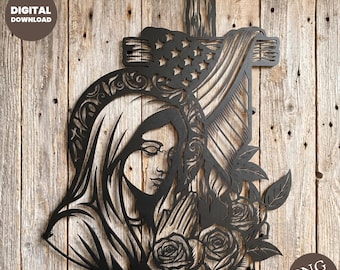 Virgin Mary SVG file, Patriotic Christian Cross Clipart PNG, American Flag Religious Digital Cut File for Cricut Laser
