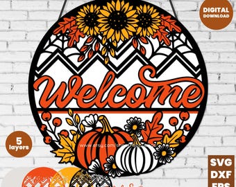 Welcome Fall Sign SVG, 3D Pumpkin Door Hanger, Halloween Laser Cut File 5 Layer