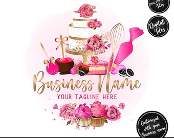 Può includere: Design di logo per panetteria rosa e oro con una torta, cupcake e altri dolci. Il testo dice "Nome dell'azienda" e "Il tuo slogan qui".