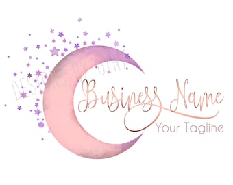 Moon stars logo, boutique logo, fashion logo, beauty logo, watercolor pink moon and stars Logo, moon business logo, vector graphic design