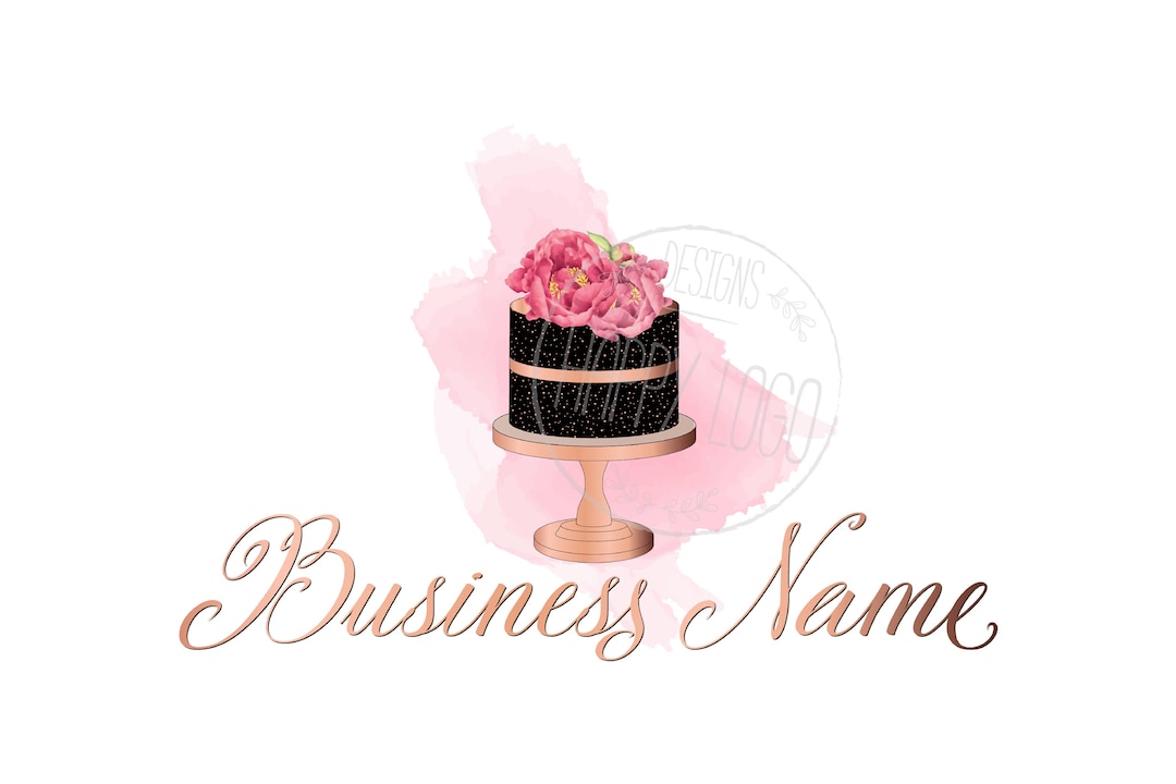pink watercolour bakery logo | etsy | cake logo... Watercolor Bakery Logo: Black Cake With Pink Flowers Branding Design ...