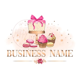 Custom logo design, cake bow cupcake bakery logo, branding package, cake logo design, dessert logo, macaroons logo, logo gold pink cake