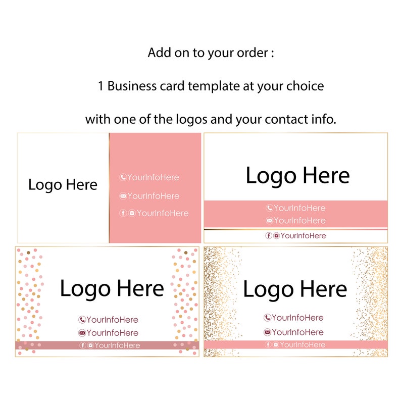 May include: Four business card templates with pink and gold glitter backgrounds. Each card has the text "Logo Here" and space for contact information. The text "YourInfoHere" is used as a placeholder for contact information.