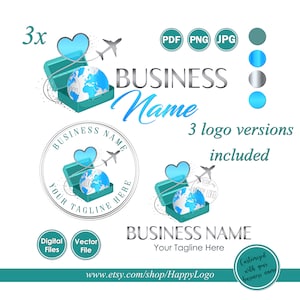 Travel Logo, 3 X travel agent logo designs, suitcase airplane heart modern business branding travel adventure, editable template vector png