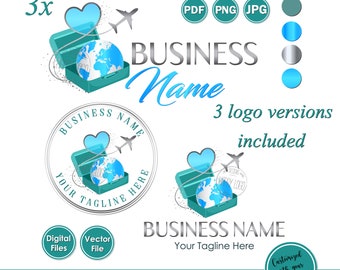 Può includere: Una valigia turchese con un globo terrestre al suo interno e un cuore blu con un aereo che vola sopra. Il testo "BUSINESS Name" è in lettere argentate. Il testo "3 logo versions included" è in lettere turchesi. Il testo "Your Tagline Here" è in lettere argentate. Il testo "www.etsy.com/shop/HappyLogo" è in lettere nere.