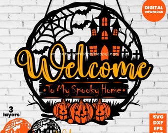 Halloween Welcome Sign SVG | Spooky Home Door Hanger PNG | Layered Laser Cut File
