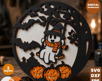 Halloween Ghost Swing SVG file, 3 Layer Cut File, Spooky Pumpkin Digital Download