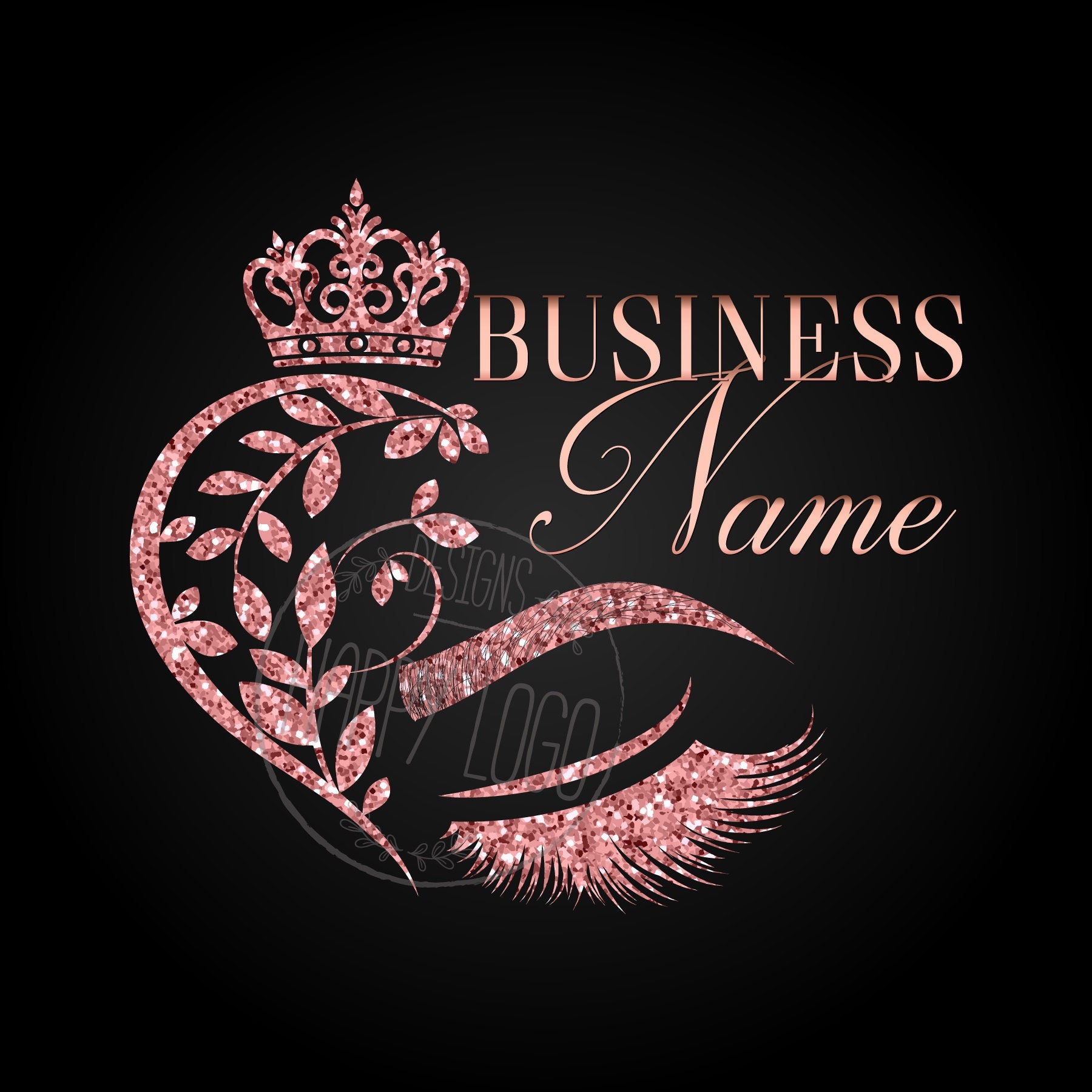 Lash Logo, Glitter Rose Gold Eyelash Logo, Pink Black Crown
