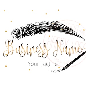 Könnte beinhalten: Schwarz-weiß-Illustration einer Augenbraue mit einer goldenen Kalligrafie-Schrift, die "Business Name" und "Your Tagline" sagt, mit goldenem Glitzer, der um das Bild herum verstreut ist.
