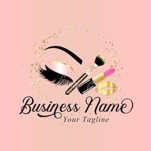May include: A pink and gold makeup logo with a stylized eye, eyelashes, and makeup brushes. The text "Business Name" and "Your Tagline" are below the image.