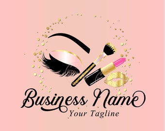 Cosmetic brush logo, makeup beauty logo, lipstick kiss logo, lash logo, gold glitter confetti logo design, watercolor brush, branding pack