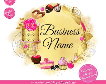 Könnte beinhalten: Ein goldener Kreis mit einem Aquarelleffekt, der einen rosa und goldenen Kuchen, rosa und goldene Cupcakes, Schokolade und andere Backmotive zeigt. Der Text "Business Name" ist in schwarzer Schrift. Der Text "www.etsy.com/shop/HappyLogo" befindet sich am unteren Rand des Bildes.