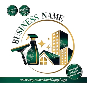 May include: A logo design featuring a green and gold color scheme. The design includes a spray bottle, a window squeegee, buildings, and stars. Text includes "BUSINESS NAME", "HAPPY LOGO", and "www.etsy.com/shop/HappyLogo".
