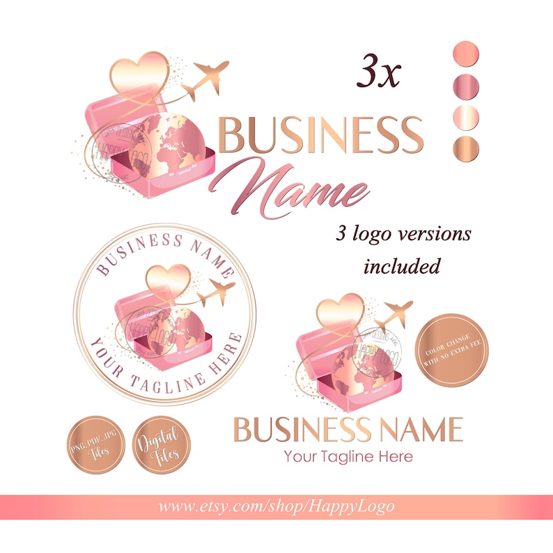 Może przedstawiać: Projekt logo w kolorze r&oacute;żowym i złotym, przedstawiający serce, globus i samolot. Tekst "BUSINESS NAME" jest napisany kursywą. Logo jest dostępne w trzech wersjach. Tekst "Your Tagline Here" r&oacute;wnież jest włączony.