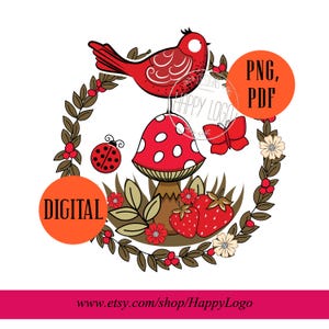Foresta incantata, file digitale originale disegnato a mano in formato PDF PNG, download immediato di uccellino e farfalla boho, illustrazione per boutique per bambini