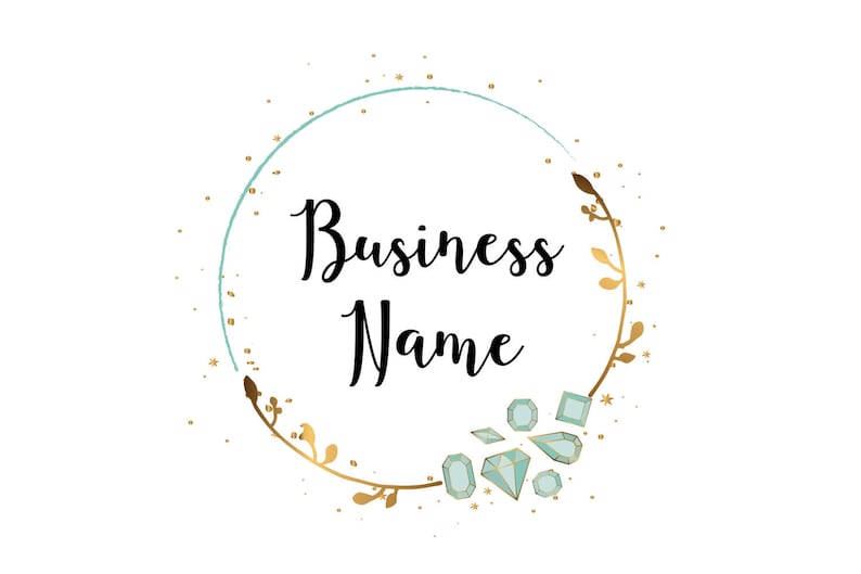 May include: A gold and teal logo with the text "Business Name" in a circle with gold leaf accents and teal gemstones.