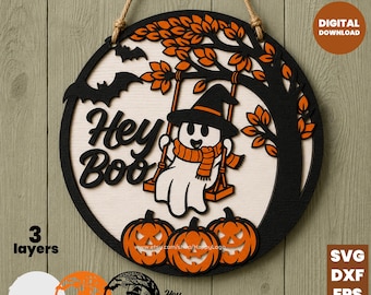 Halloween SVG file, Cute Ghost Swing Door Hanger Laser Cut Cnc