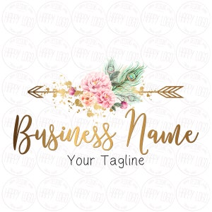 Peacock feathers arrow flowers logo, boutique fashion logo, beauty salon logo, watercolor arrow watermark, graphic design, branding package