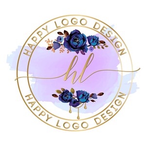 Flowers circle logo design, fashion boutique logo, beauty salon logo, blue indigo flowers gold signature round logo, vector branding pack
