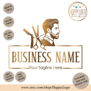 May include: A gold and brown barber shop logo design featuring a man's profile, scissors, and a straight razor. The logo includes the text "BUSINESS NAME" and "Your Tagline Here". Additional text includes "DIGITAL FILES", "VECTOR FORMAT", and "FREE COLOR CHANGE".