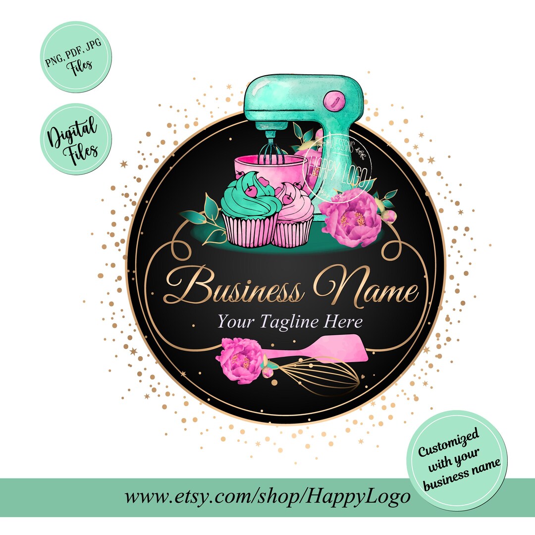 pink watercolour bakery logo | etsy | cake logo... Watercolor Bakery Teal Pink Logo: Cupcake & Stand Mixer Design (premade ...