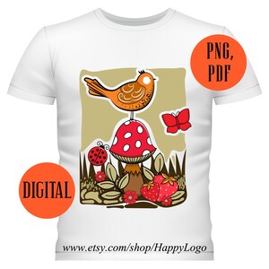 Grazioso uccellino su fungo disegnato a mano in formato PDF PNG, Foresta incantata, farfalla boho originale da scaricare, illustrazione per bambini