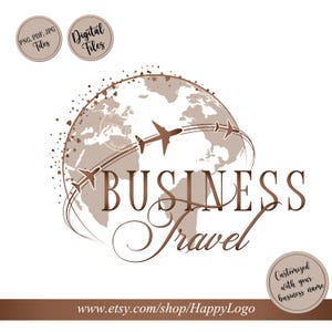Może przedstawiać: Brązowe i białe logo dla podróży służbowych. Projekt przedstawia globus z samolotami, słowa "BUSINESS Travel" i adres URL sklepu Etsy. Zawiera tekst "PNG, PDF, JPG Files" i "Digital Files".