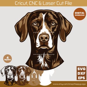 May include: A digital download file featuring a brown and white dog head illustration. The graphic includes text stating Cricut, CNC & Laser Cut File, 4 layers, and SVG, DXF, EPS. The design shows a dog with a white blaze on its face.