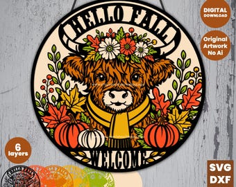 Hello Fall SVG Cut File, Highland Cow Welcome Sign Laser Cut Digital Download