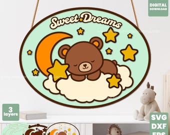 Layered Nursery SVG cut file, Sweet Dreams Teddy Bear 3D Sign Laser Design