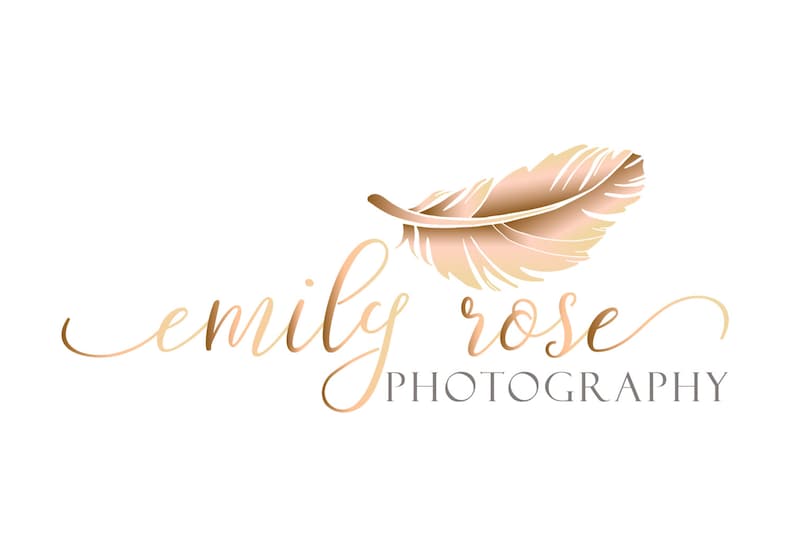 May include: A logo for a photography business called "emily rose photography". The logo features a gold feather with a cursive font for the business name.