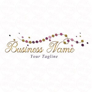 May include: A gold and purple logo design with the text "Business Name" and "Your Tagline". The logo features a string of gold and purple beads with a wavy line.