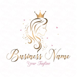 Hair Crown Beauty logo, hairstylist logo, princes crown, gold girl long hair, hair salon logo, hair extensions logo, branding identity