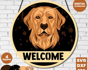 Golden Retriever Welcome Sign SVG | Layered Dog Door Hanger | Cricut CNC Laser Cut File