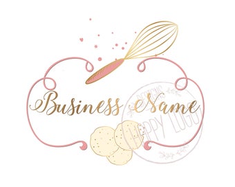 Puede incluir: Un diseño de logotipo rosa y dorado para una panadería o un negocio de alimentos. El logotipo presenta un batidor, un diseño de remolino y el texto "Nombre de la empresa".